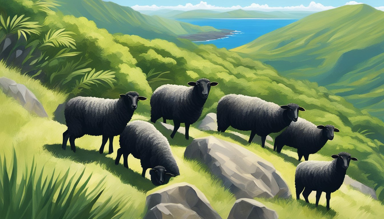 A group of black Hawaiian sheep roam a rocky, sun-drenched hillside, surrounded by lush greenery and a clear blue sky