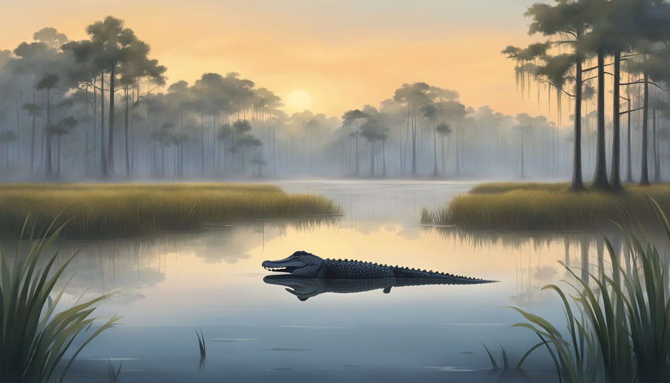 A misty swamp at dawn, with a lone alligator lurking in the shallow water, surrounded by cypress trees and Spanish moss