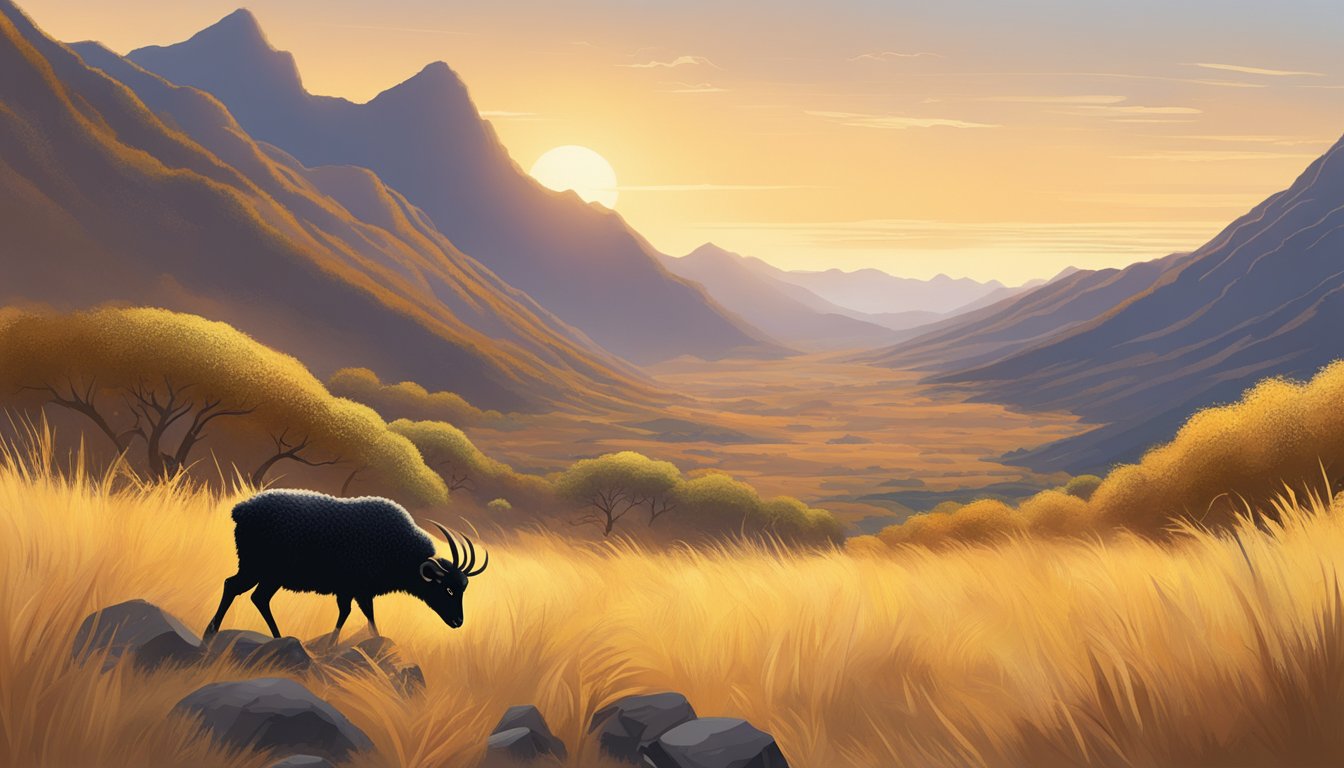 A clear, crisp autumn day in the Hawaiian mountains, with a hunter tracking a black Hawaiian sheep through the golden-hued grass and rocky terrain