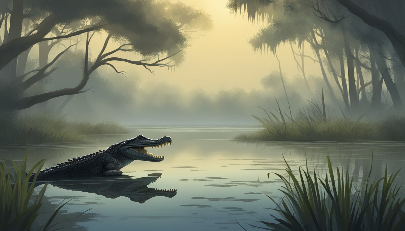 A swampy marshland with dense vegetation, murky water, and a misty, early morning sky. A lone alligator lurks in the shadows, waiting to be hunted