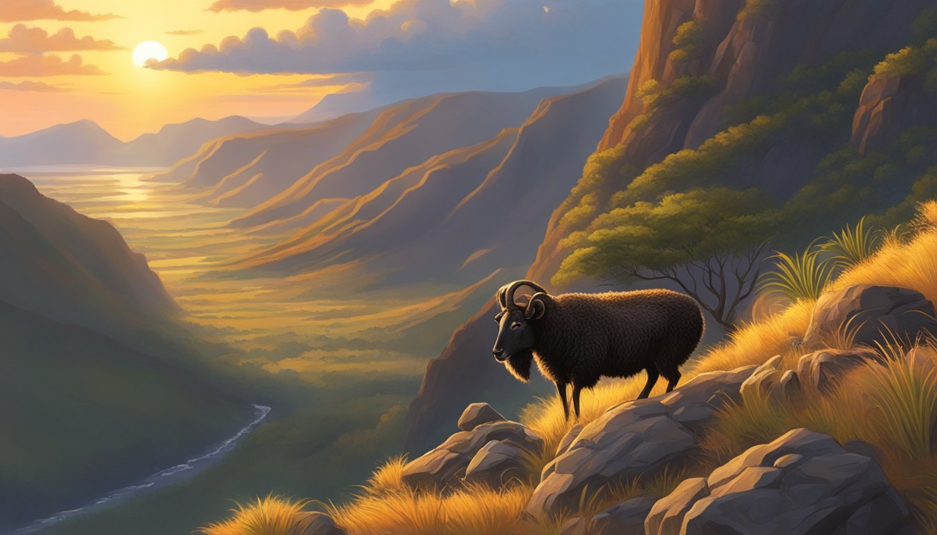 A lone hunter crouches behind a rocky outcrop, scanning the horizon for black Hawaiian sheep. The sun sets in the distance, casting a warm glow over the rugged terrain