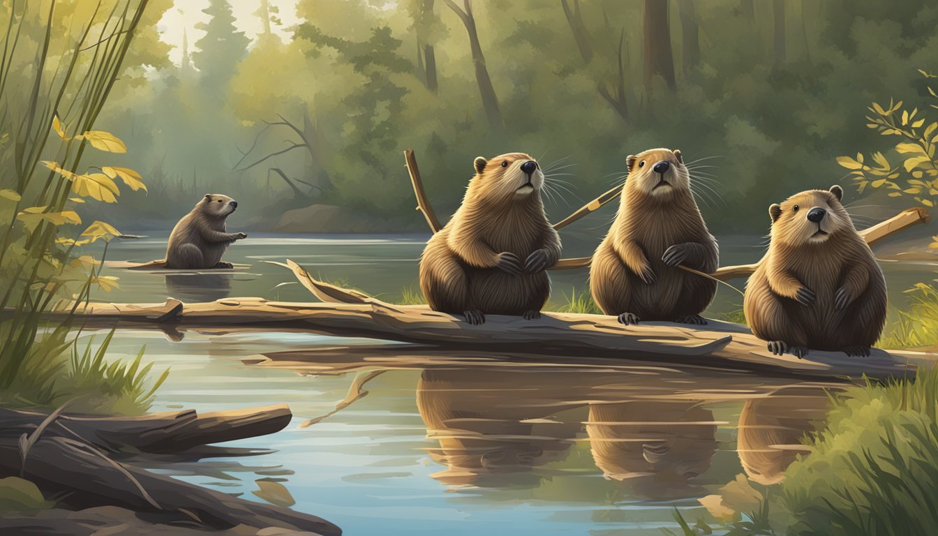 Beavers gather sticks and mud near a calm, shallow river on a sunny day