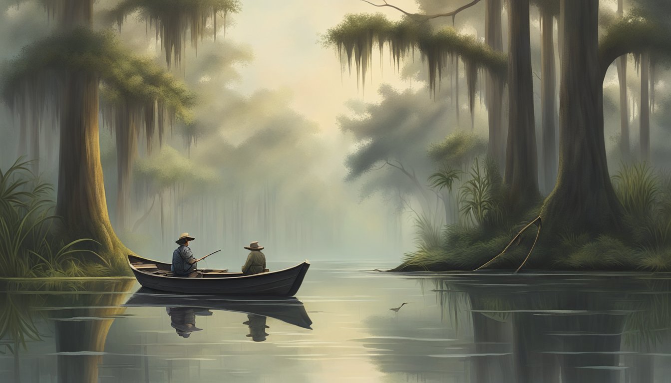 A foggy morning on the bayou, with a small boat slowly gliding through the still water, surrounded by cypress trees and the occasional alligator lurking just below the surface