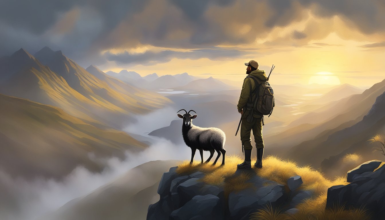 A hunter stands on a rocky cliff, overlooking a vast, misty valley. The sun breaks through dark clouds, casting a golden glow on the black Hawaiian sheep grazing below