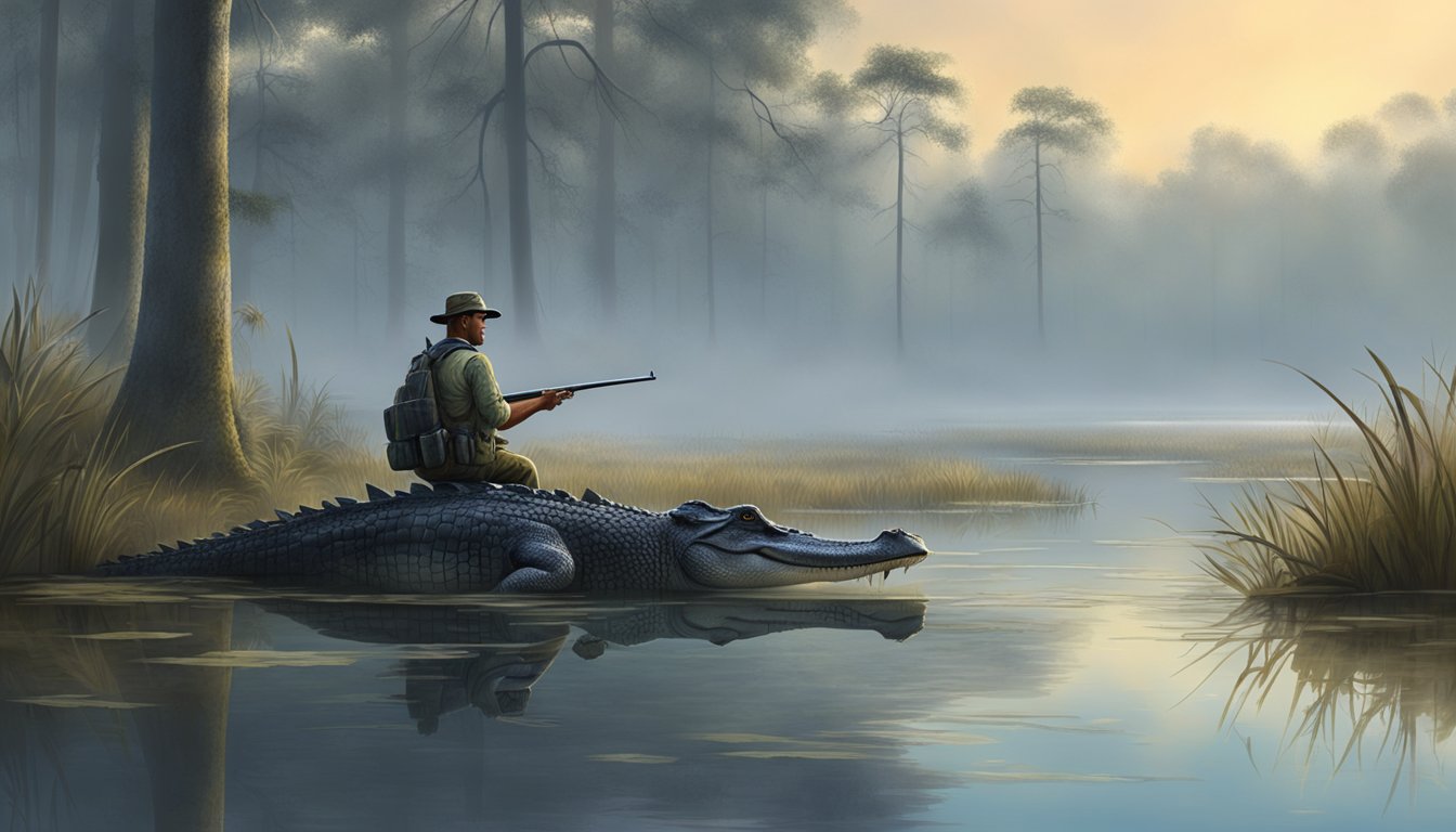 An alligator hunter silently waits in a swamp, surrounded by mist and early morning light. The water is calm, and the air is cool, creating the perfect conditions for a successful hunt