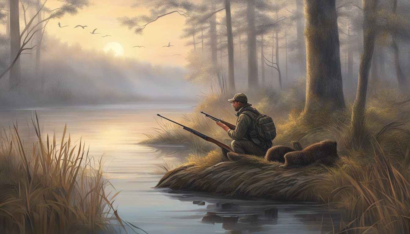 A misty dawn by a tranquil river, with a beaver lodge in the distance. A hunter waits in a camouflaged blind, rifle at the ready