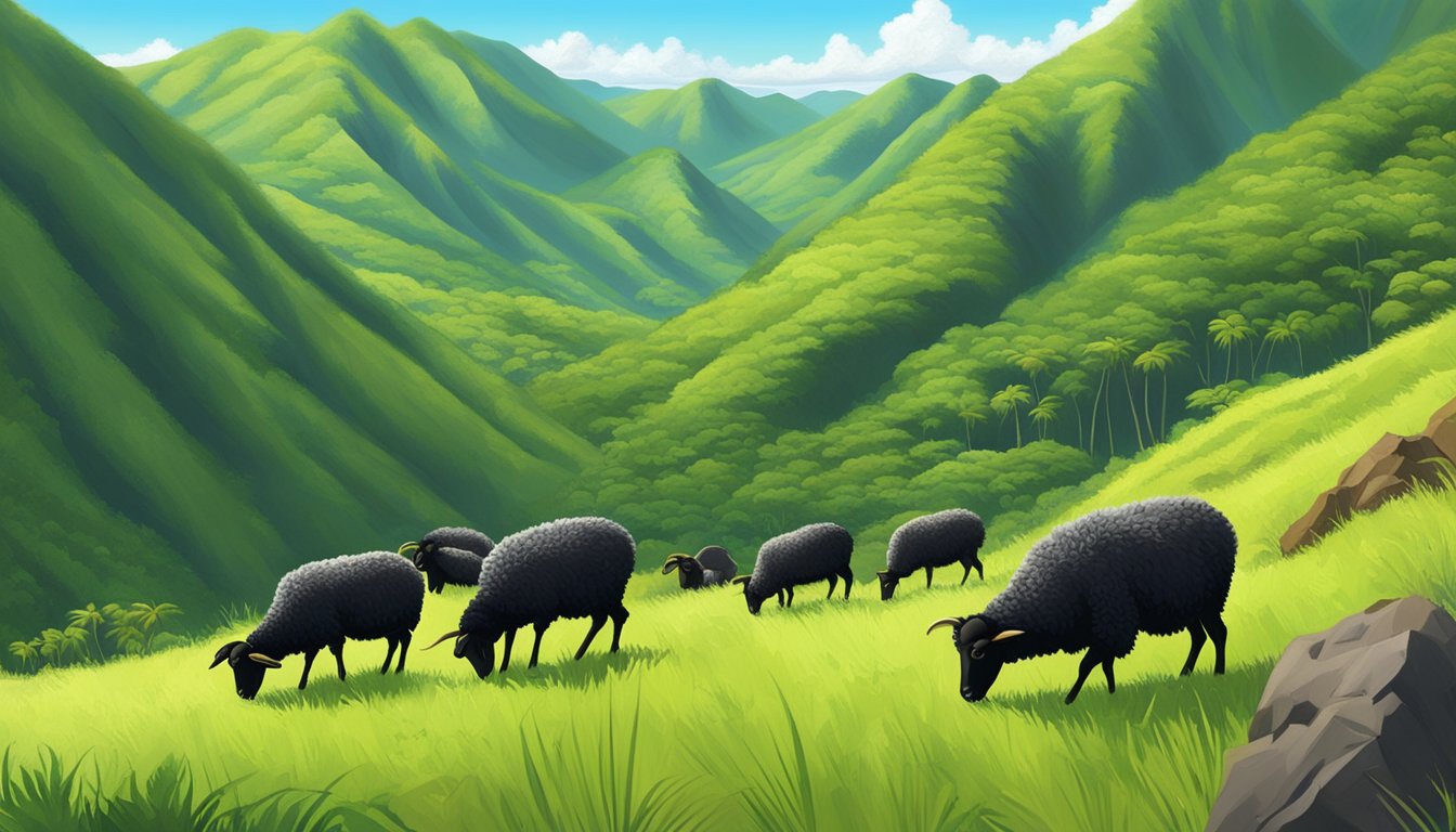 A clear, sunny day in the rugged Hawaiian landscape. A group of black Hawaiian sheep graze on the lush green hills, while hunters prepare their gear for the hunt