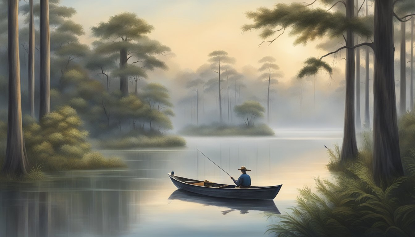 A misty morning on the bayou, with a small boat gliding through the calm water, surrounded by cypress trees and the sound of wildlife