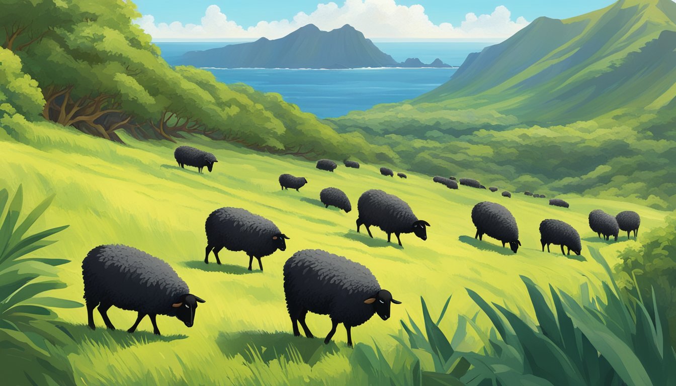 A clear, sunny day on the rugged terrain of Hawaii, with lush greenery and a group of black Hawaiian sheep grazing in the distance