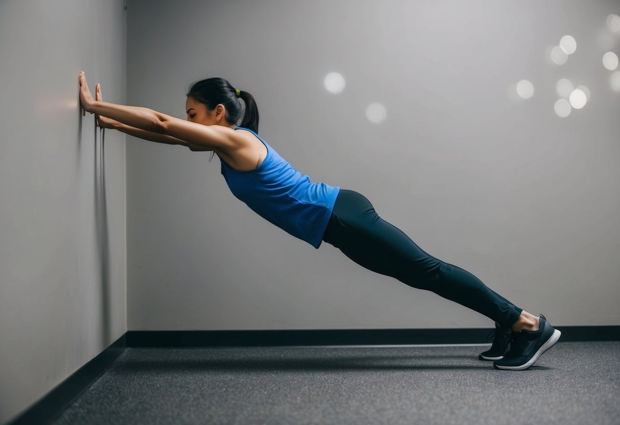 A person standing in front of a wall, with their arms extended and hands flat against the wall, performing a push-up motion