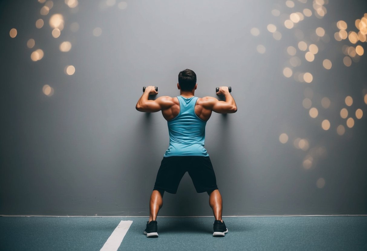 A person standing facing a wall, with their hands placed shoulder-width apart and at chest level, performing a push-up motion against the wall