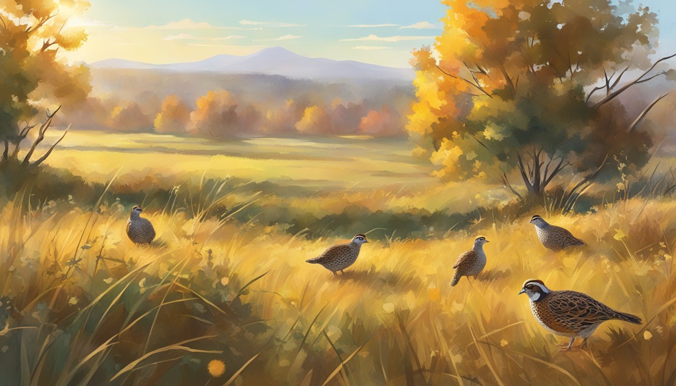 A sunny autumn morning in a grassy field with scattered shrubs, where a covey of bobwhite quail are foraging for food