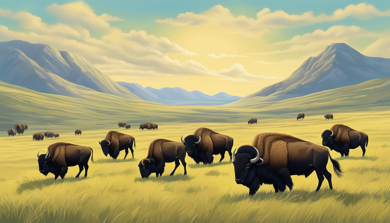 A group of bison grazing in a vast grassland under a clear, blue sky with gentle winds