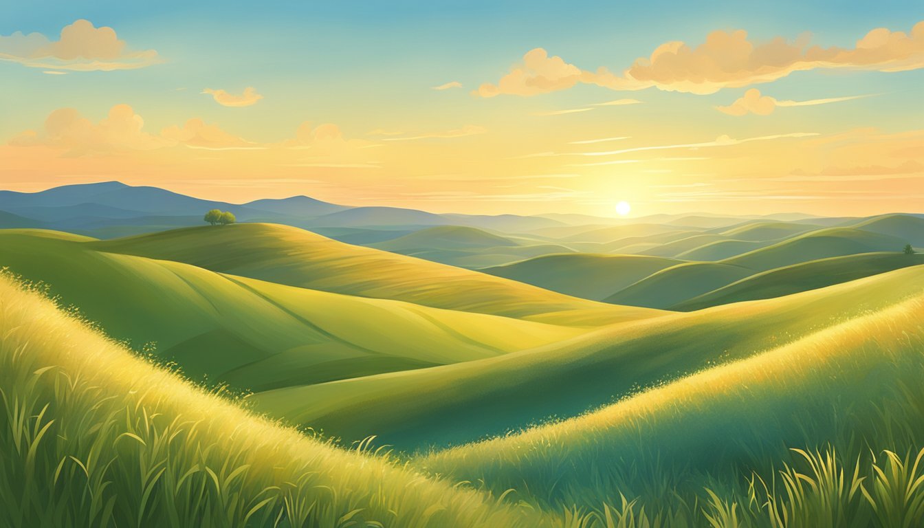 Sunrise over rolling hills, clear blue sky, scattered clouds, gentle breeze, and a golden glow on the grass