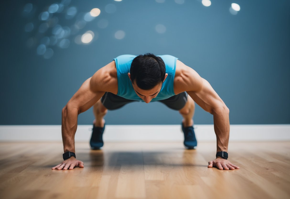 A person stands facing a wall with arms extended, performing a push-up motion. The focus is on the upper body and arm muscles being engaged