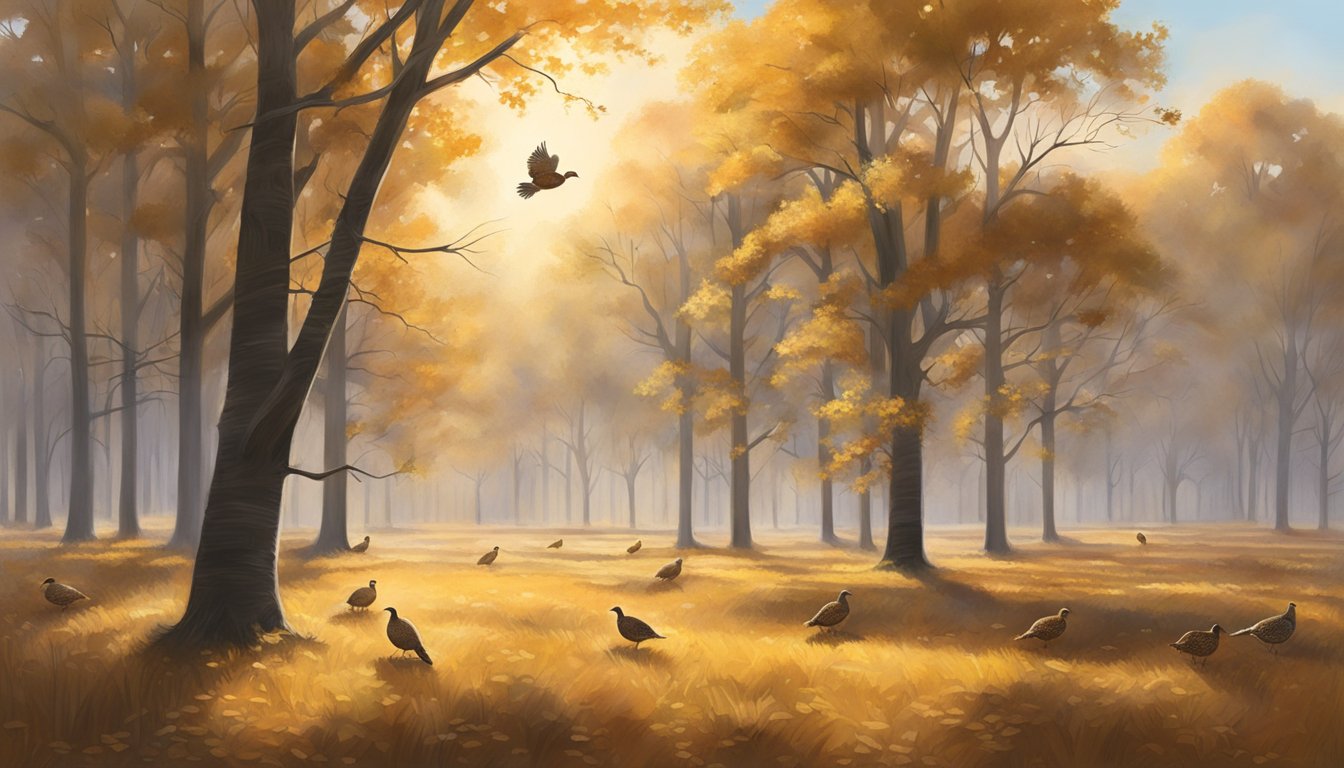 Golden sunlight filters through the trees onto a vast open field, where a covey of bobwhite quail scatter in the crisp autumn air