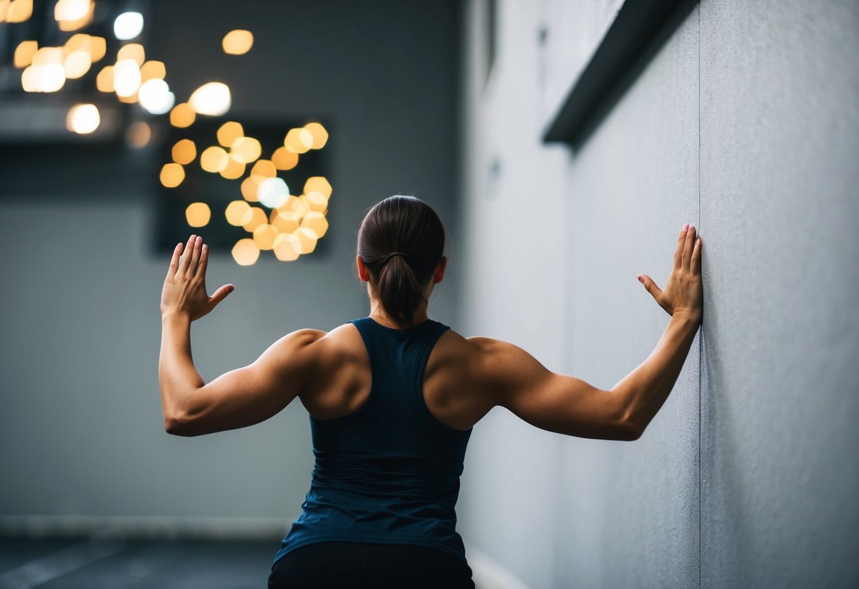 A person stands facing a wall, arms extended, performing push-ups with their hands on the wall at shoulder height