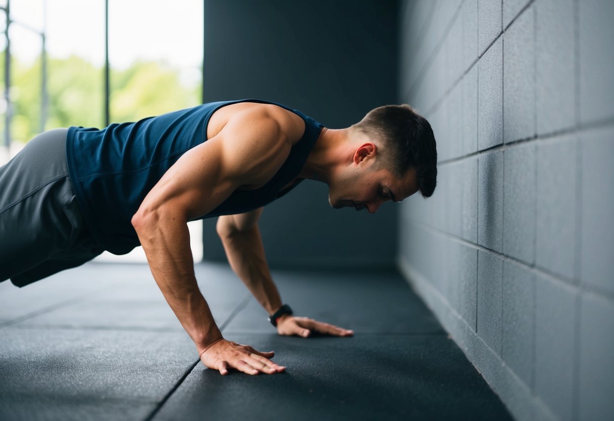 A person performing wall push-ups with proper form, focusing on upper body strength and low-impact exercise