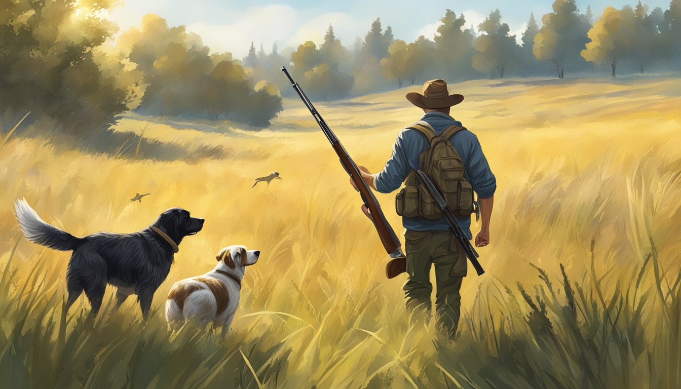 A sunny morning in a grassy field with scattered bushes and trees, a hunter with a shotgun and a trained dog searching for bobwhite quail