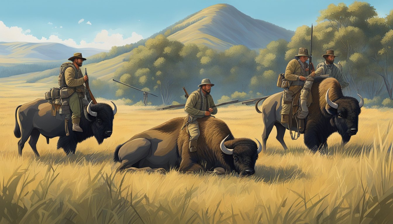 A group of hunters gather their gear under a clear blue sky, surrounded by rolling hills and tall grass, preparing for a bison hunt