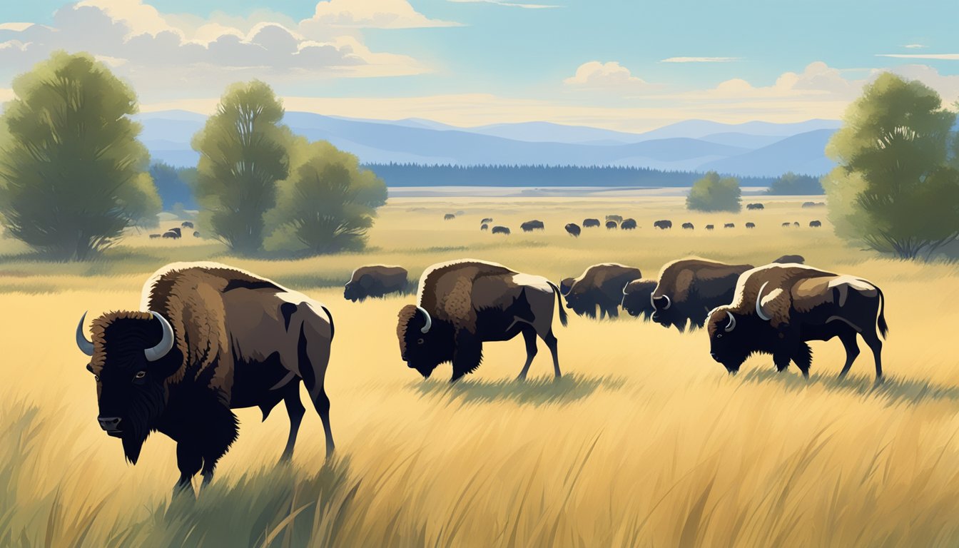 A clear, sunny day with a gentle breeze, tall grasses swaying as a herd of bison grazes in the distance