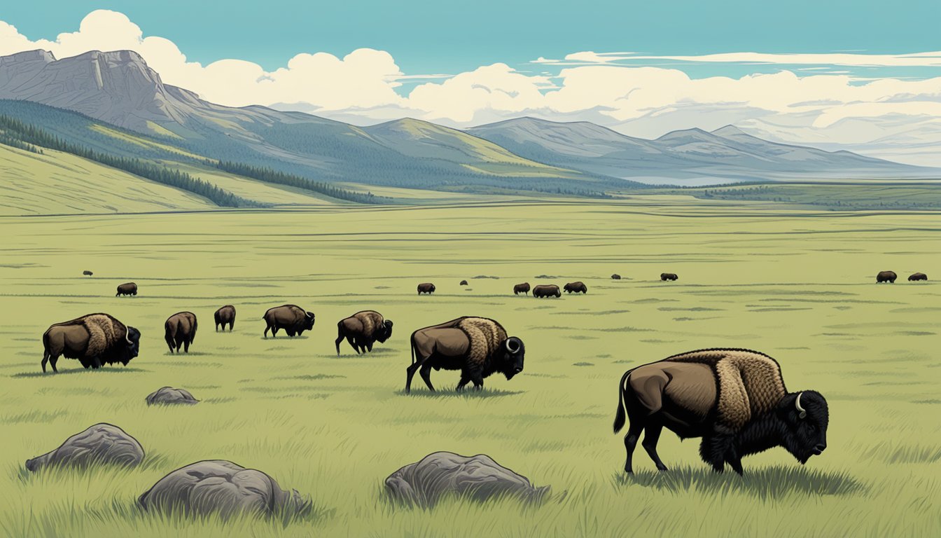 A vast grassy plain under a clear blue sky, with a small group of bison grazing peacefully in the distance