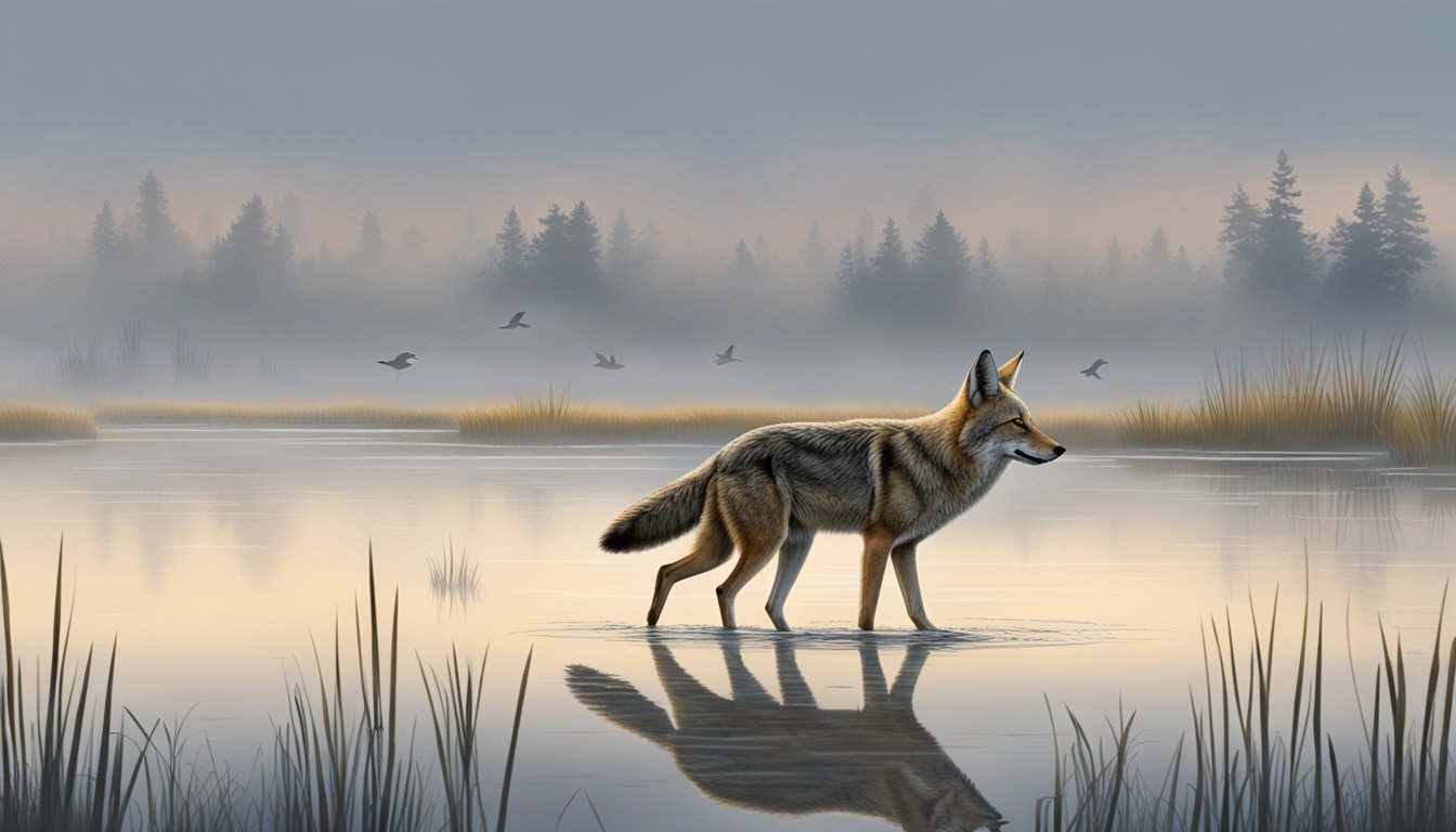 A coyote stalking coots in a marsh during early morning fog