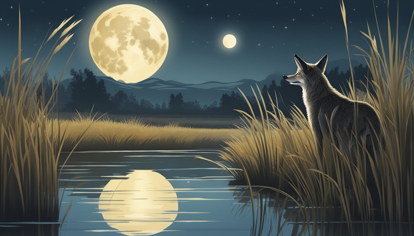 A moonlit night in a marsh, with a lone coyote stalking through the reeds, eyes fixed on a flock of coots gliding across the water