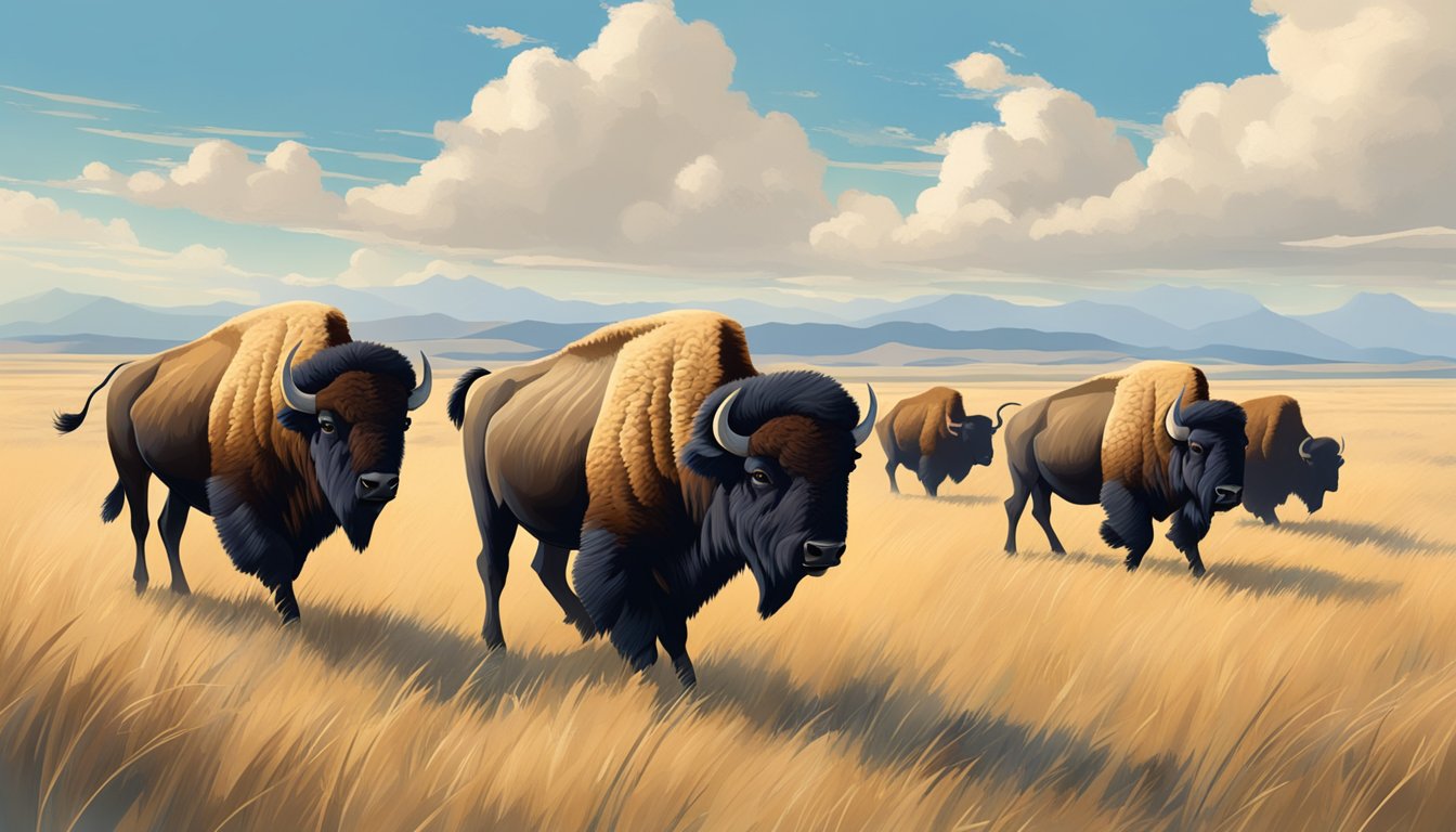 A group of bison roam the open plains under a clear blue sky, with a few scattered clouds and a gentle breeze