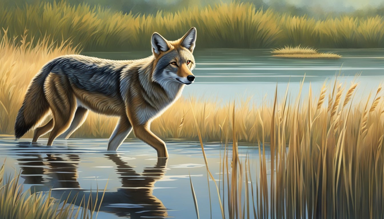 A coyote stalking through tall grass in the early morning, eyes fixed on a group of coots swimming in a marsh