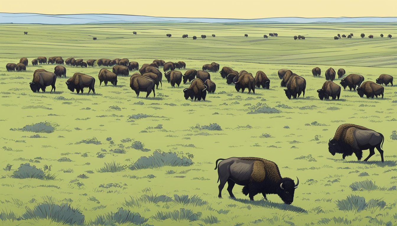 A vast grassland under a clear blue sky, with a group of bison grazing peacefully as a few birds circle overhead