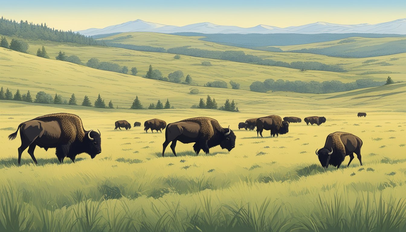 A vast grassland under a clear blue sky, with a group of bison grazing in the distance