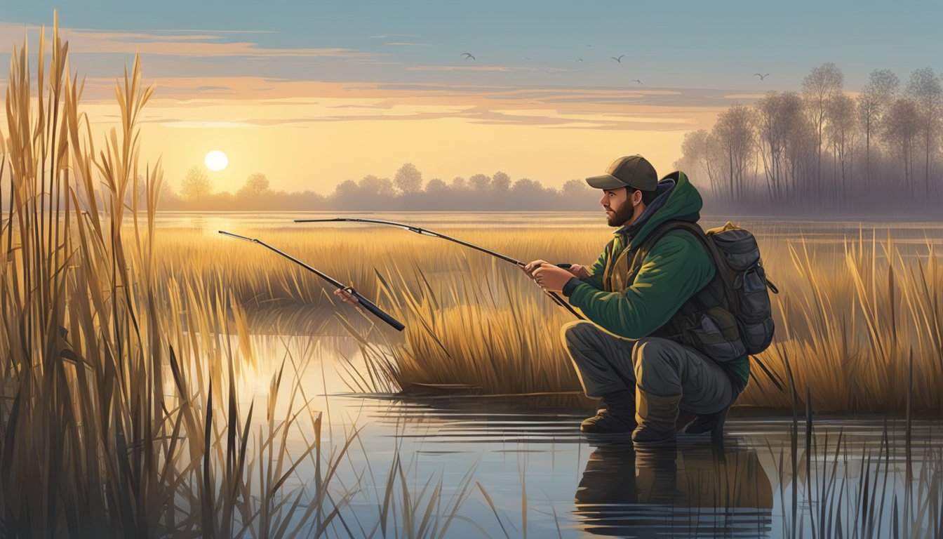 A hunter carefully chooses gear in the early morning light, surrounded by reeds and marshland, preparing for coot hunting