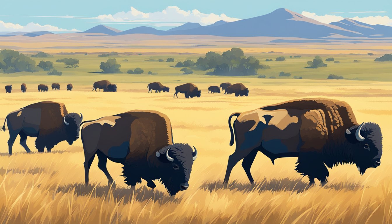 A bright, crisp morning in the vast plains, with a clear blue sky and a gentle breeze. A group of bison graze peacefully in the distance