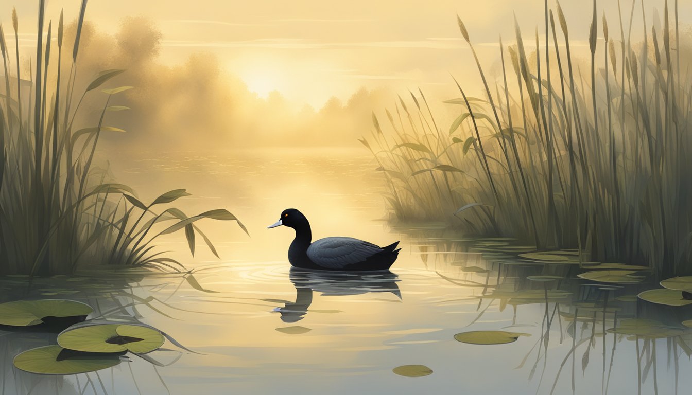 Coots hunting on a misty morning lake, surrounded by tall reeds and lily pads, with a soft golden light filtering through the fog