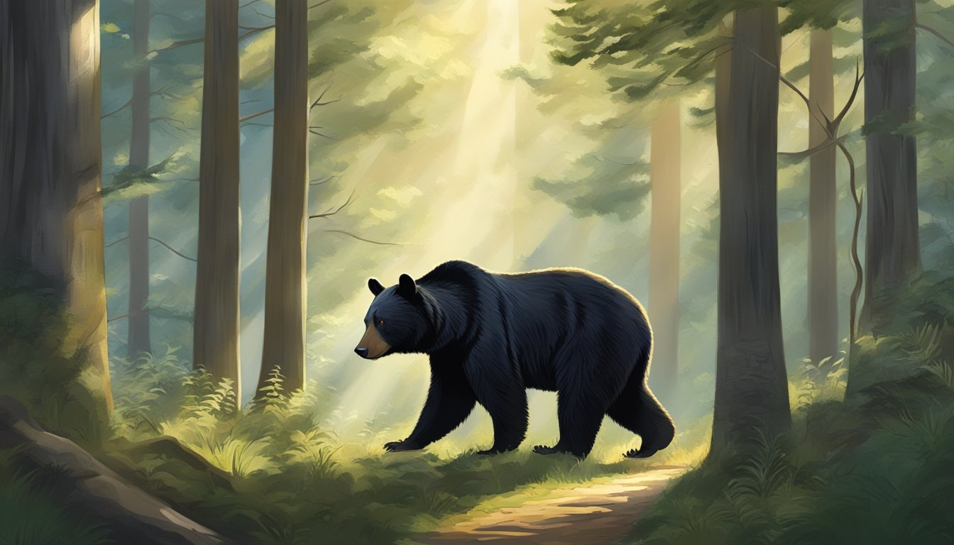 A black bear foraging in a dense forest during the early morning with sunlight filtering through the trees