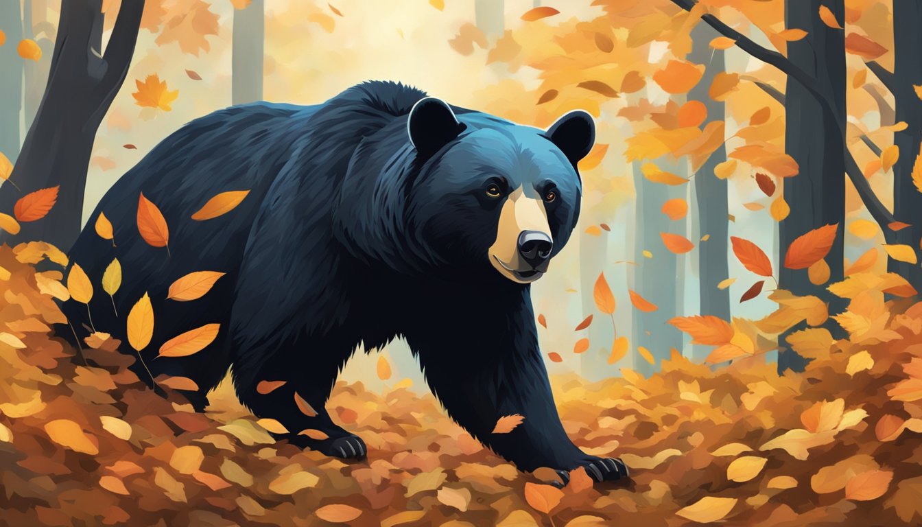 A dense forest with vibrant autumn foliage, a clear sky, and a gentle breeze. A black bear foraging for food among the fallen leaves