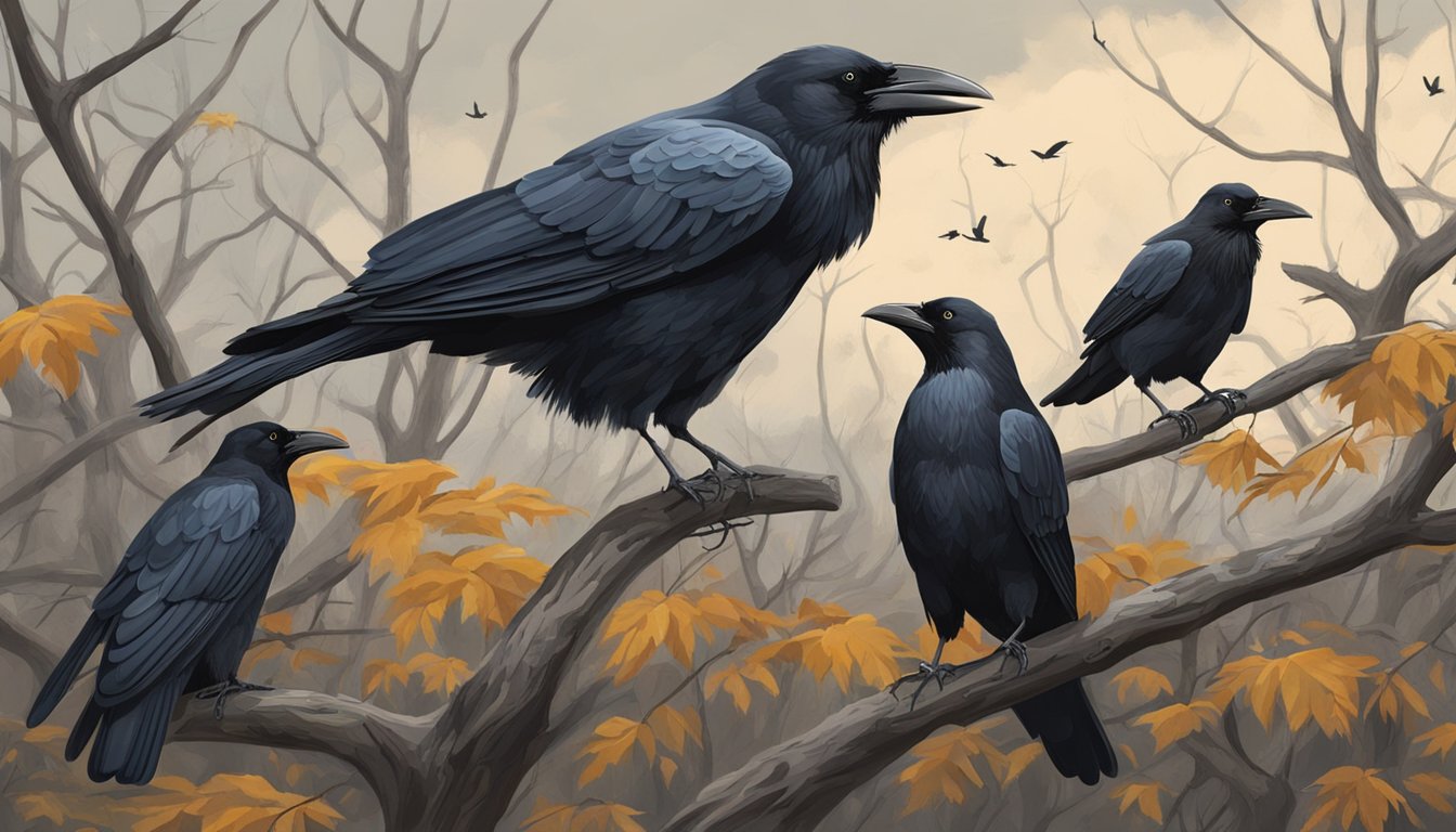 Crows gather in a wooded area, perched on branches and pecking at the ground. The sky is overcast, with a slight drizzle falling, creating the perfect weather for crow hunting