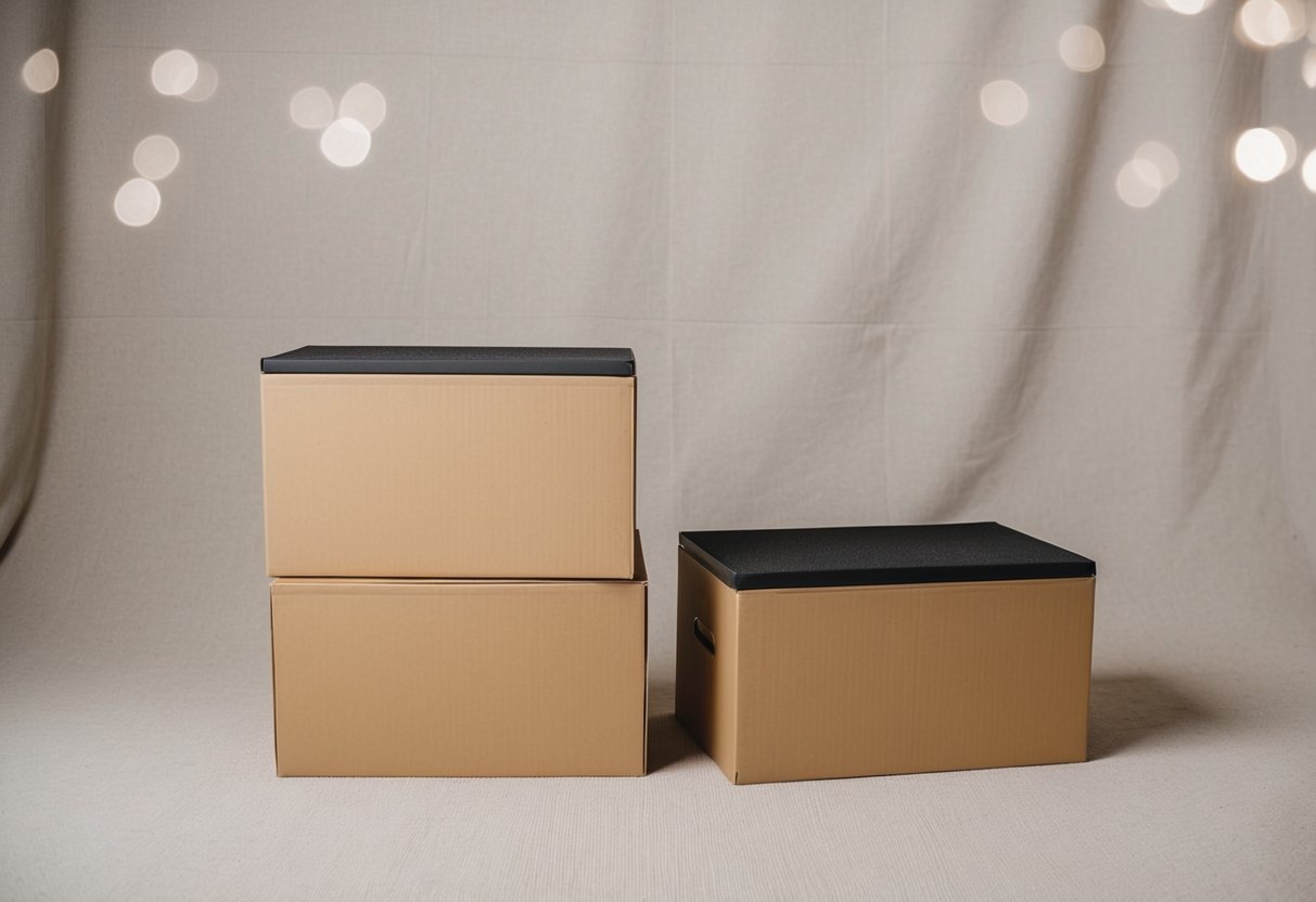 A pair of sturdy step-up boxes set against a neutral backdrop, with one box placed slightly higher than the other