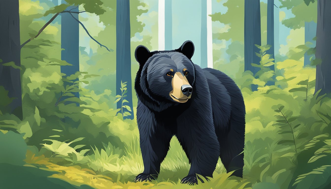 A black bear stands in a lush forest, surrounded by tall trees and under a clear blue sky