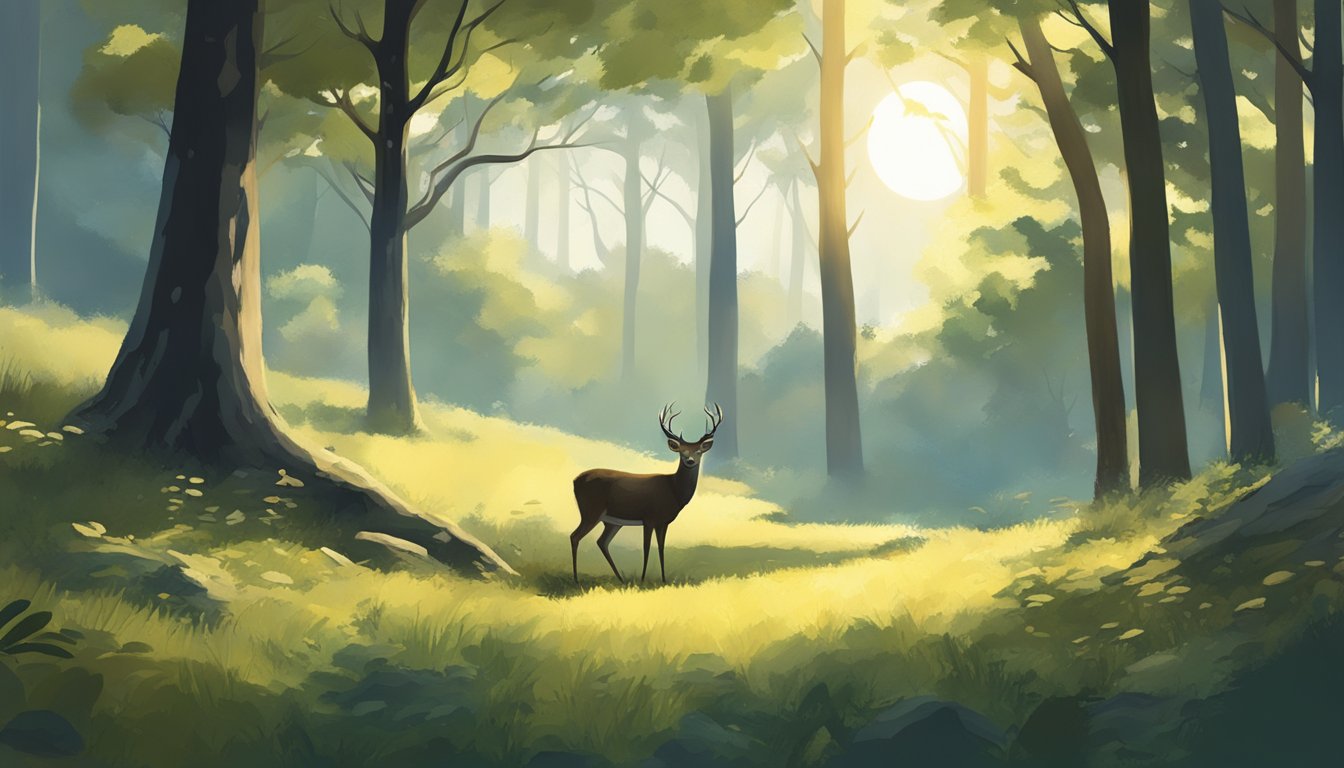 A serene forest clearing under a half-moon and a bright sun, with a black-tailed deer cautiously grazing in the dappled light