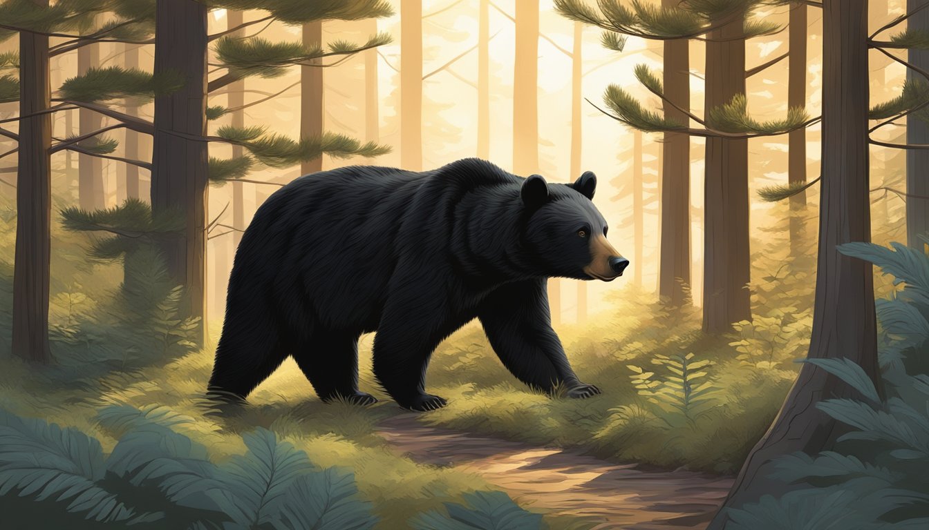 A black bear prowls through a thick forest, illuminated by the soft glow of the setting sun. The air is cool and crisp, with a gentle breeze carrying the scent of pine and earth