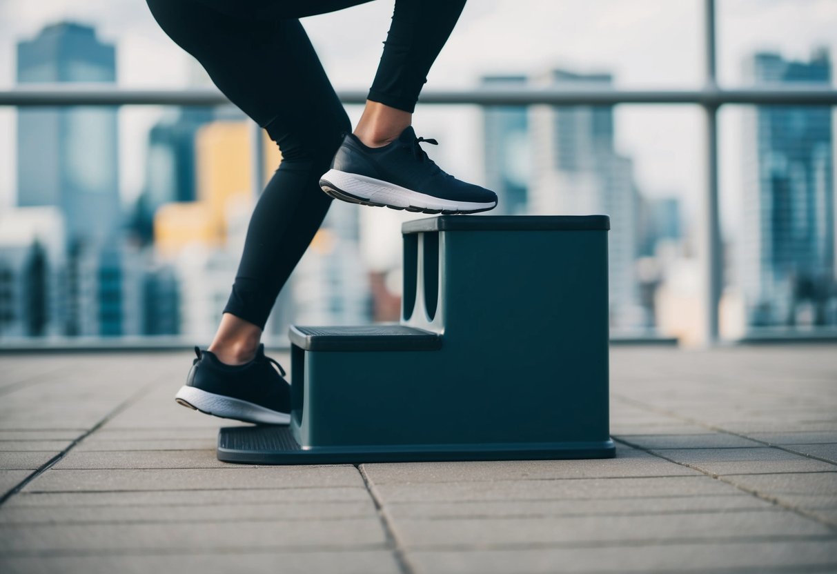 A person is performing step-ups on a sturdy platform, with one foot stepping up and then back down, while the other foot remains on the ground