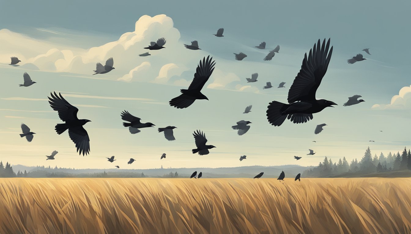 A group of crows flying low over a field on a clear, calm day, with hunters positioned strategically in the surrounding area