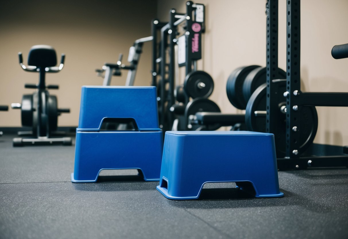 A pair of sturdy step-up boxes set against a gym wall, surrounded by exercise equipment