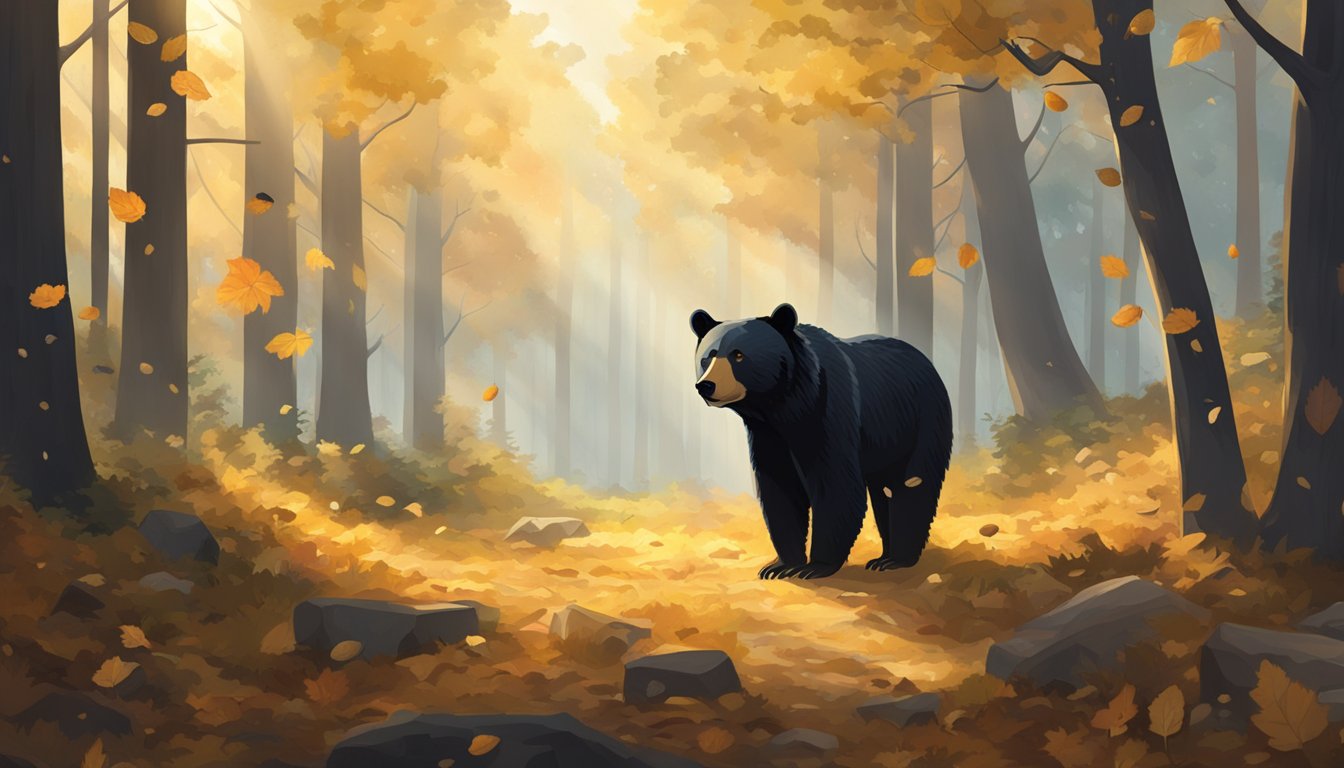 A forest clearing at dawn, with golden sunlight filtering through the trees. A black bear stands on its hind legs, sniffing the air, surrounded by fallen leaves and scattered acorns