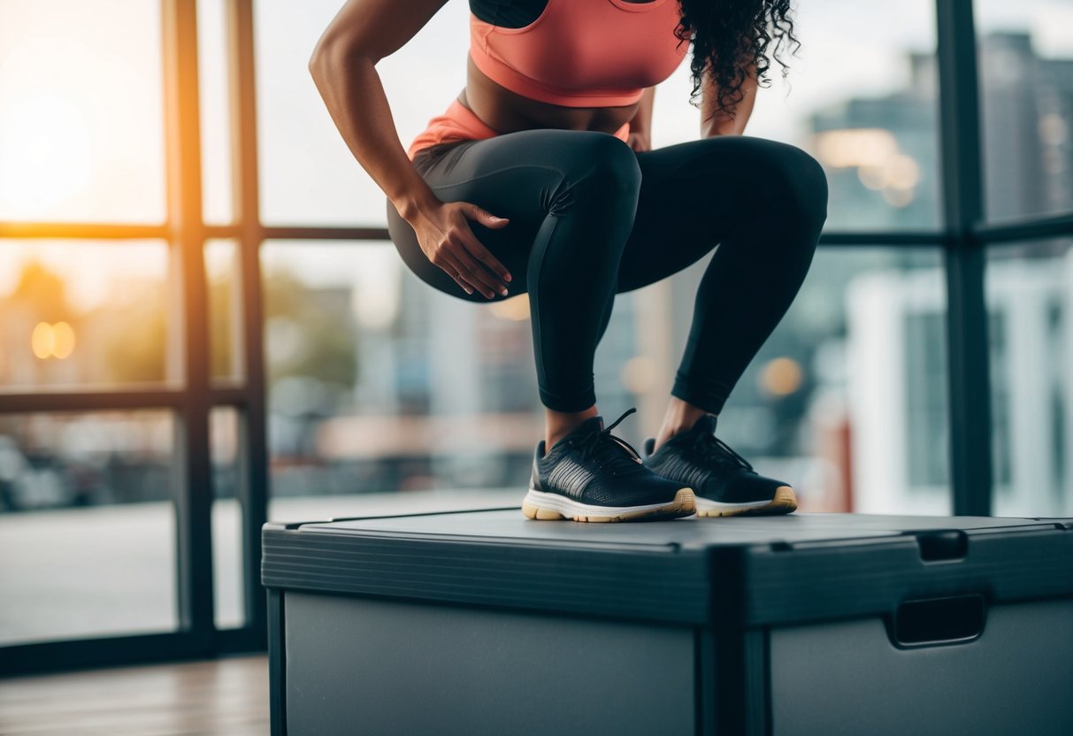 A person is performing step-ups on a sturdy box, with proper form and controlled movement. The exercise focuses on strengthening the hips and knees