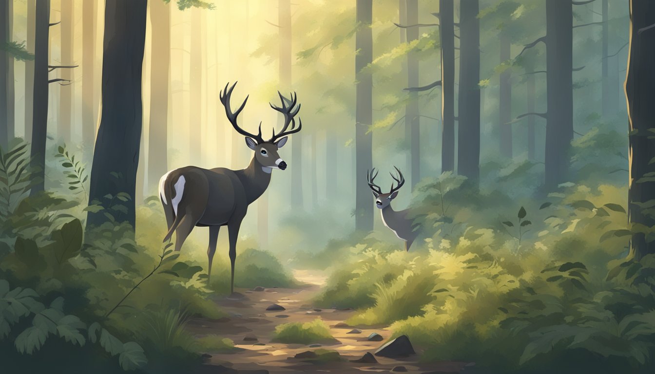 A misty morning in a dense forest, with dew-covered leaves and the sound of distant calls from black-tailed deer