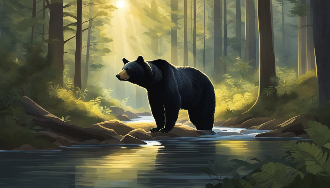 A dense forest with sunlight filtering through the trees, a small clearing with a stream, and a large black bear emerging from the shadows