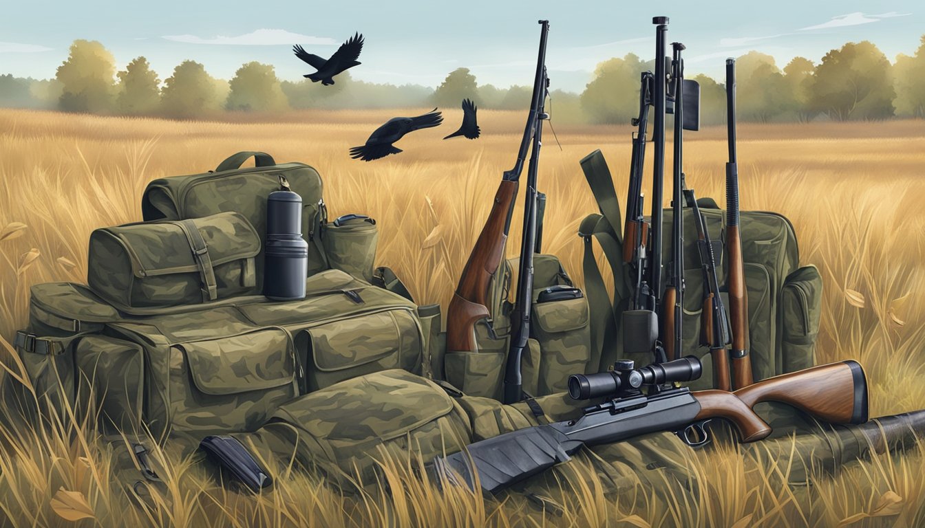 A hunter's backpack, camouflage clothing, shotgun, and crow decoys set up in a field on a clear, cool morning